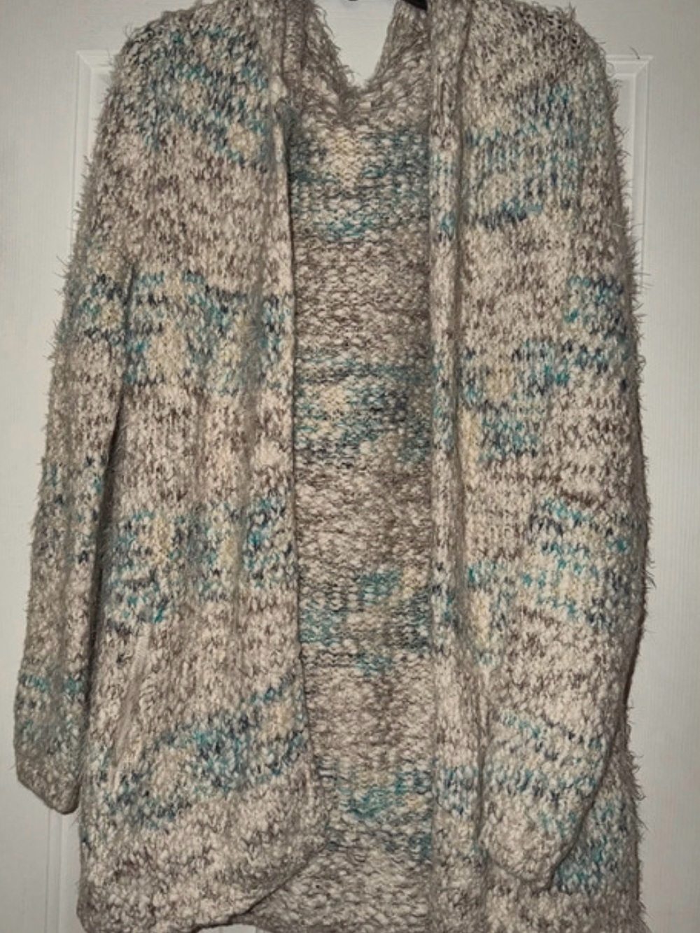 Woven Heart Open-Front Cardigan in Cream with Blue Accents